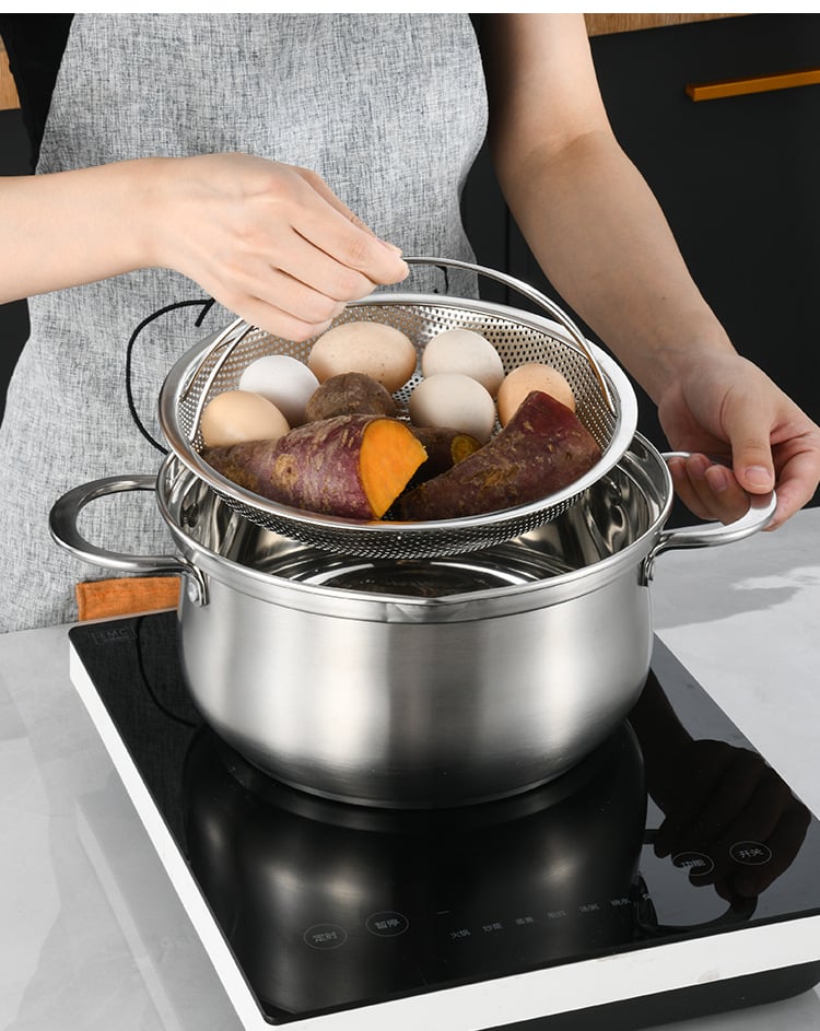 🍳✨ Többfunkciós rozsdamentes acél gőzölő – gőzölés lecsepegtető kosárral