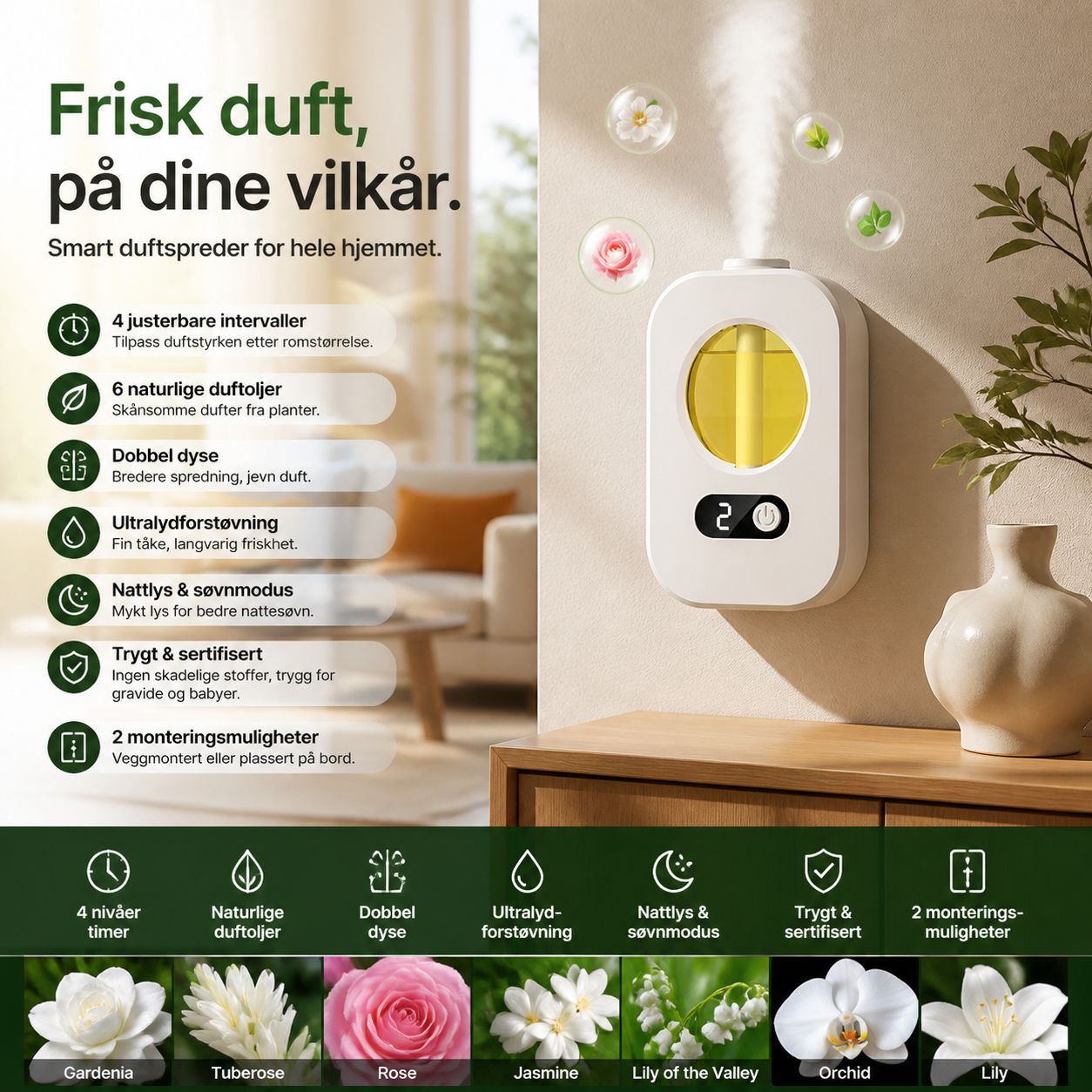 🌿 Automatikus illatdiffúzor – 4 fokozatú, időzített USB-s illatdiffúzor