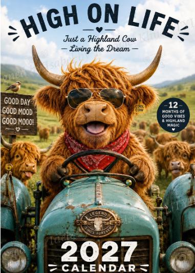 🐮Humoros 2027-es Highland Cow falinaptár, A4-es méret, eredeti fali dekoráció 🗓️✨