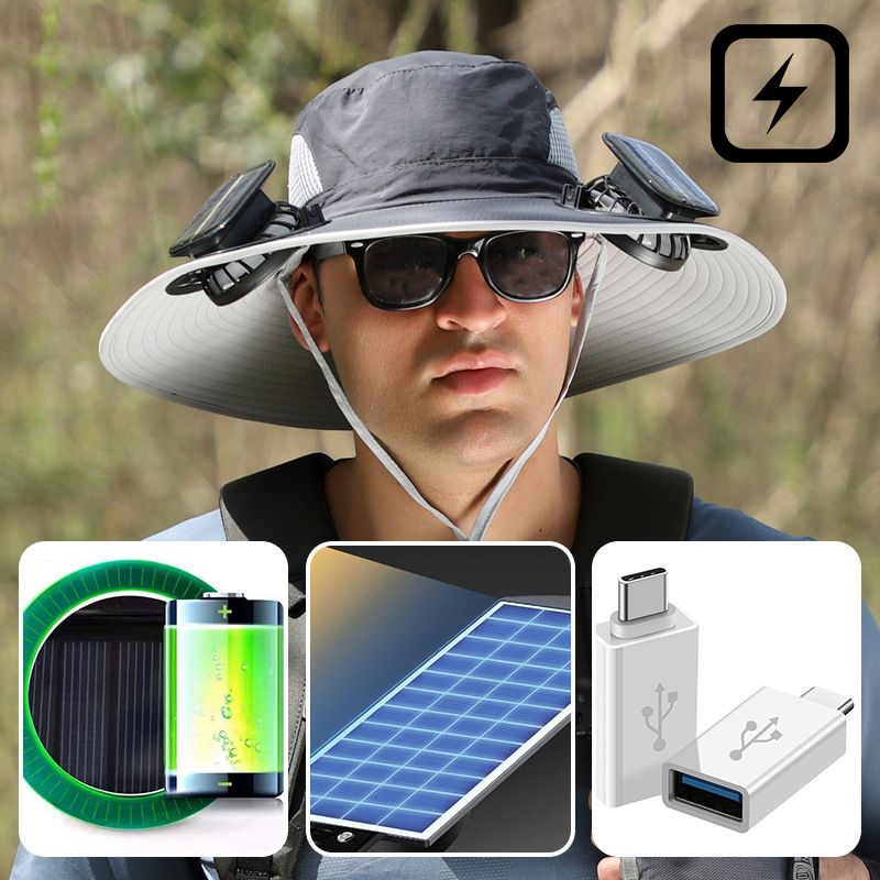 💥Napvédő halászsapka – 2 napelemes ventilátorral