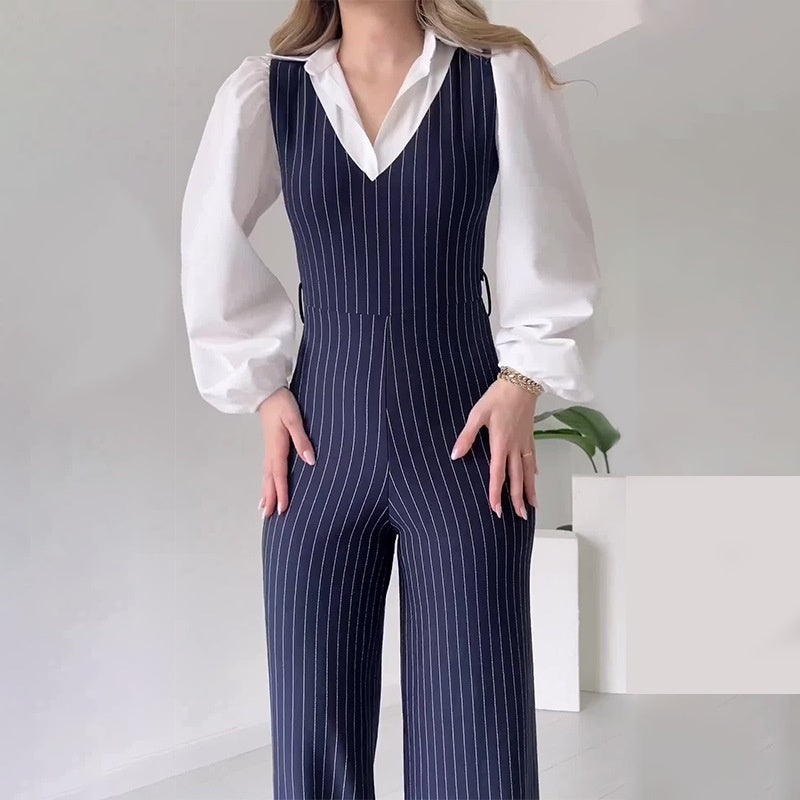 Női csíkos hajtókás hosszú ujjú Jumpsuitok 4.8