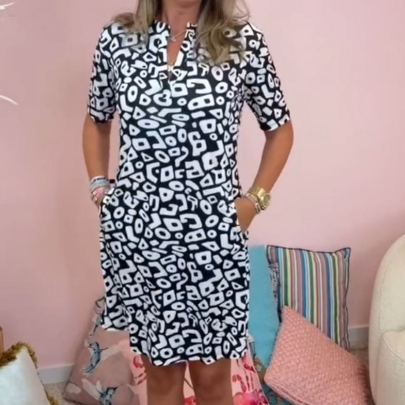 💖 Női Lezser Rövid Ujjú V-Nyakú Mintás Ruha