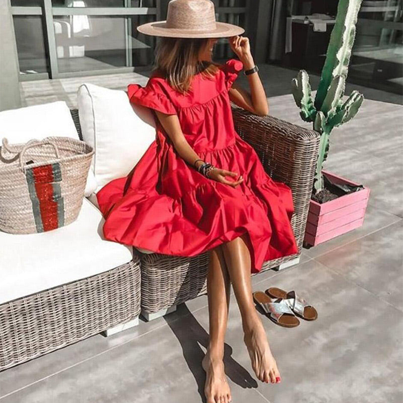 👗Női fodros fodros fodros ujjú Tiered Midi ruha