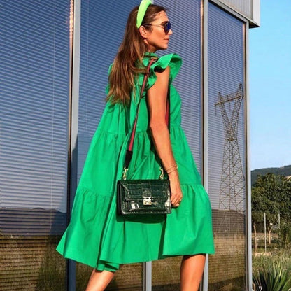 👗Női fodros fodros fodros ujjú Tiered Midi ruha
