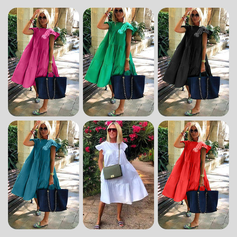 👗Női fodros fodros fodros ujjú Tiered Midi ruha