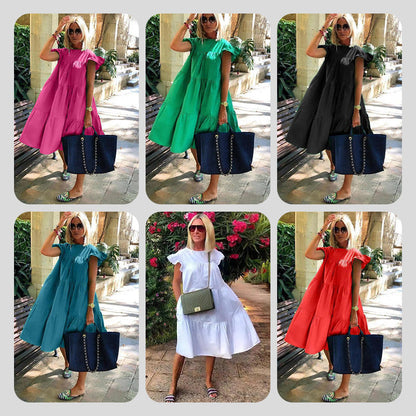 👗Női fodros fodros fodros ujjú Tiered Midi ruha