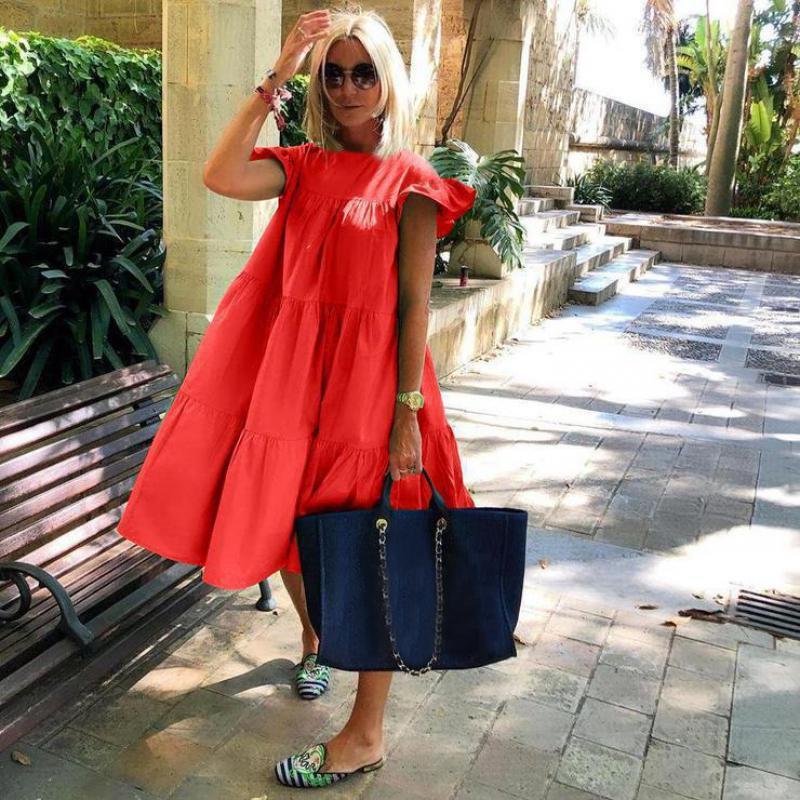 👗Női fodros fodros fodros ujjú Tiered Midi ruha