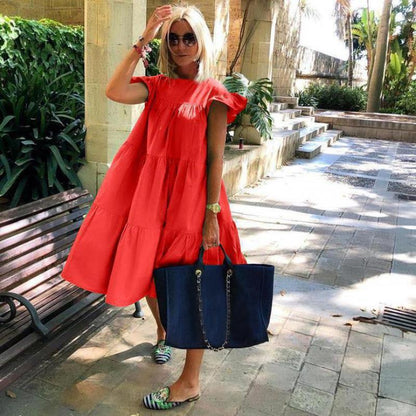 👗Női fodros fodros fodros ujjú Tiered Midi ruha
