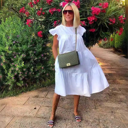 👗Női fodros fodros fodros ujjú Tiered Midi ruha