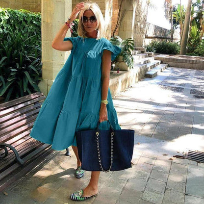👗Női fodros fodros fodros ujjú Tiered Midi ruha
