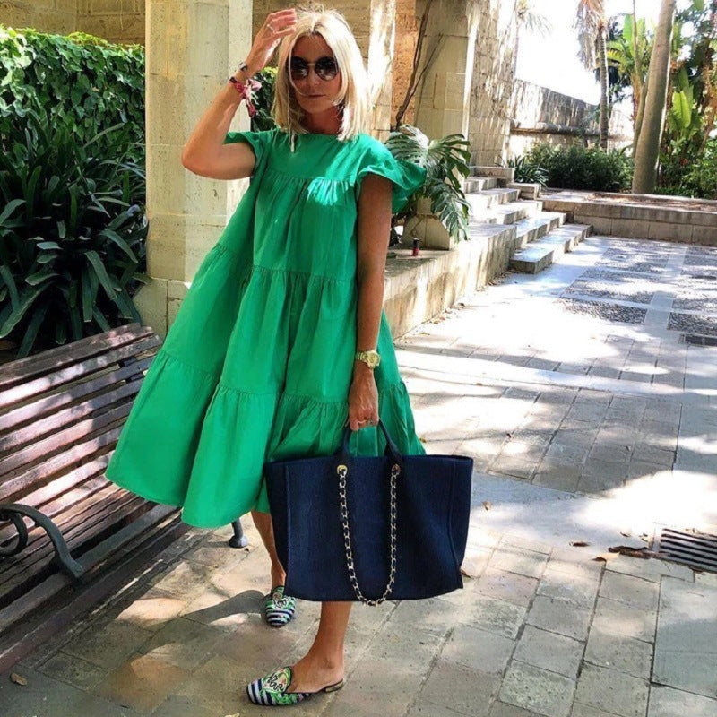 👗Női fodros fodros fodros ujjú Tiered Midi ruha