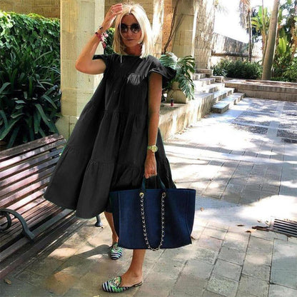 👗Női fodros fodros fodros ujjú Tiered Midi ruha
