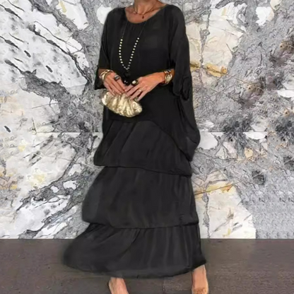 Elegáns emeletes fodros sifon Maxi ruha