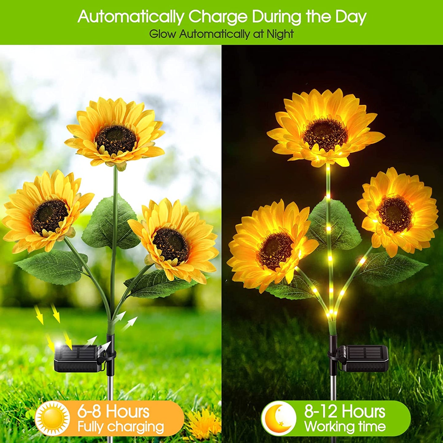 🌻 ✨ Napraforgó alakú napelemes lámpák – automatikus be-/kikapcsolás, 14 órás világítás, IP65 vízálló ☀️
