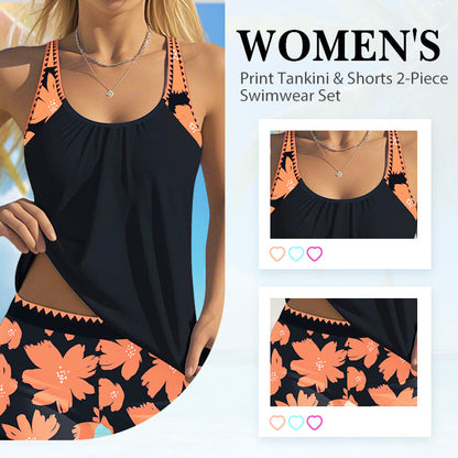🏖️ S-3XL 🌼 Női Mintás Tankini és Rövidnadrág 2-darabos Fürdőruha Szett 🩱🌊