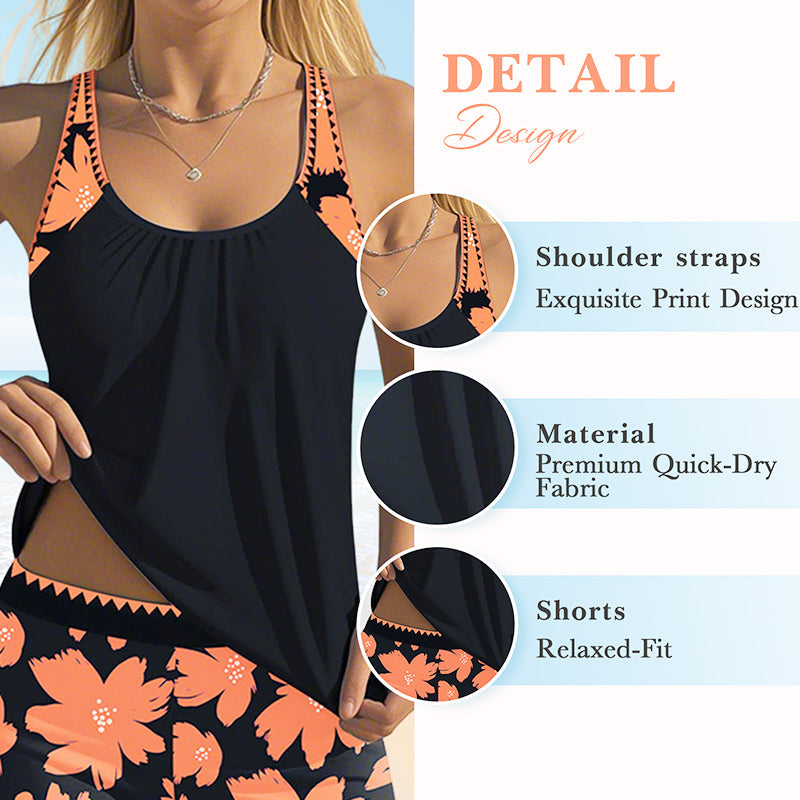 🌊🌴🌞 Női nyomtatott tankini és rövidnadrág 2 részes fürdőruha szett👙