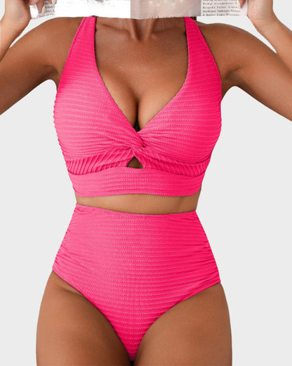 🔥👙Texturált, csomózott elülső, magas derekú bikiniszett