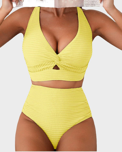 🔥👙Texturált, csomózott elülső, magas derekú bikiniszett