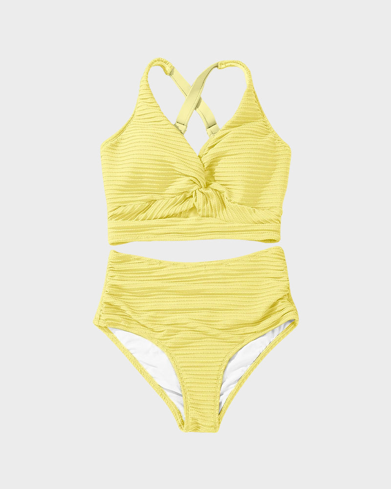 🔥👙Texturált, csomózott elülső, magas derekú bikiniszett