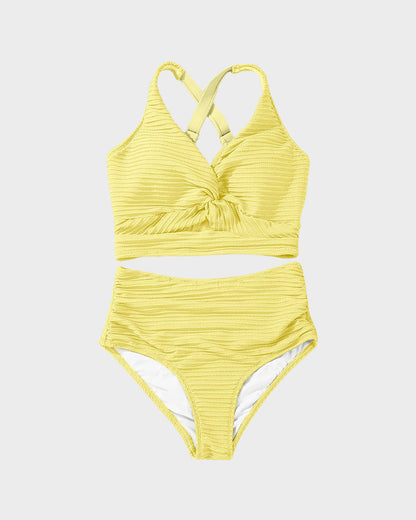 🔥👙Texturált, csomózott elülső, magas derekú bikiniszett