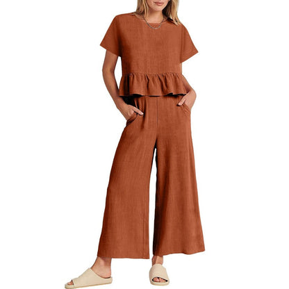 🍃 Női Casual Rövid Ujjú Felső és Széles Szárú Nadrág 2-Részes Szett 💃✨