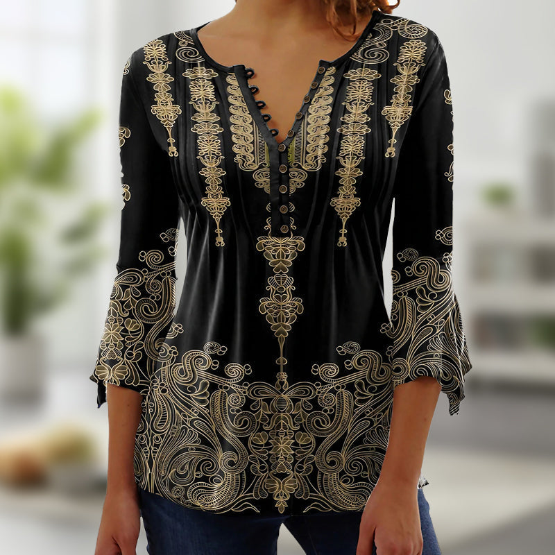 🔥【S-4XL】🌸 Virágmintás V-nyakú gombos felső, Tágas ujjakkal 👚