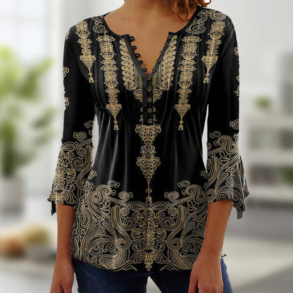 🔥【S-4XL】🌸 Virágmintás V-nyakú gombos felső, Tágas ujjakkal 👚