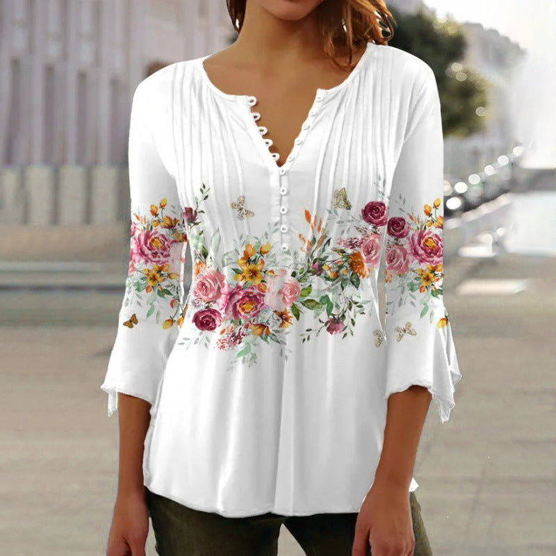 🔥【S-4XL】🌸 Virágmintás V-nyakú gombos felső, Tágas ujjakkal 👚
