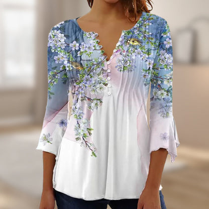 🔥【S-4XL】🌸 Virágmintás V-nyakú gombos felső, Tágas ujjakkal 👚