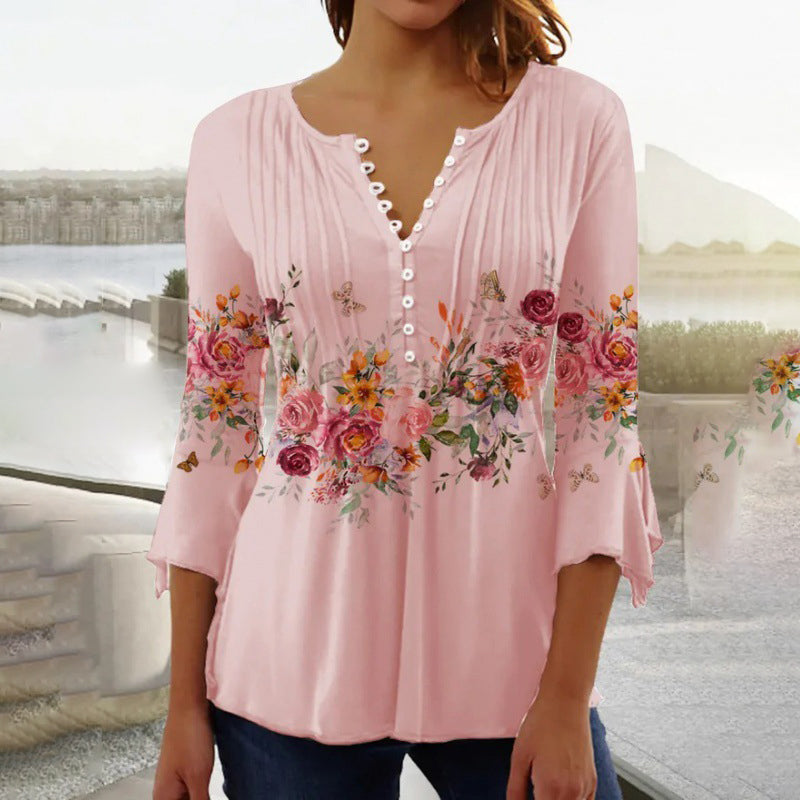 🔥【S-4XL】🌸 Virágmintás V-nyakú gombos felső, Tágas ujjakkal 👚