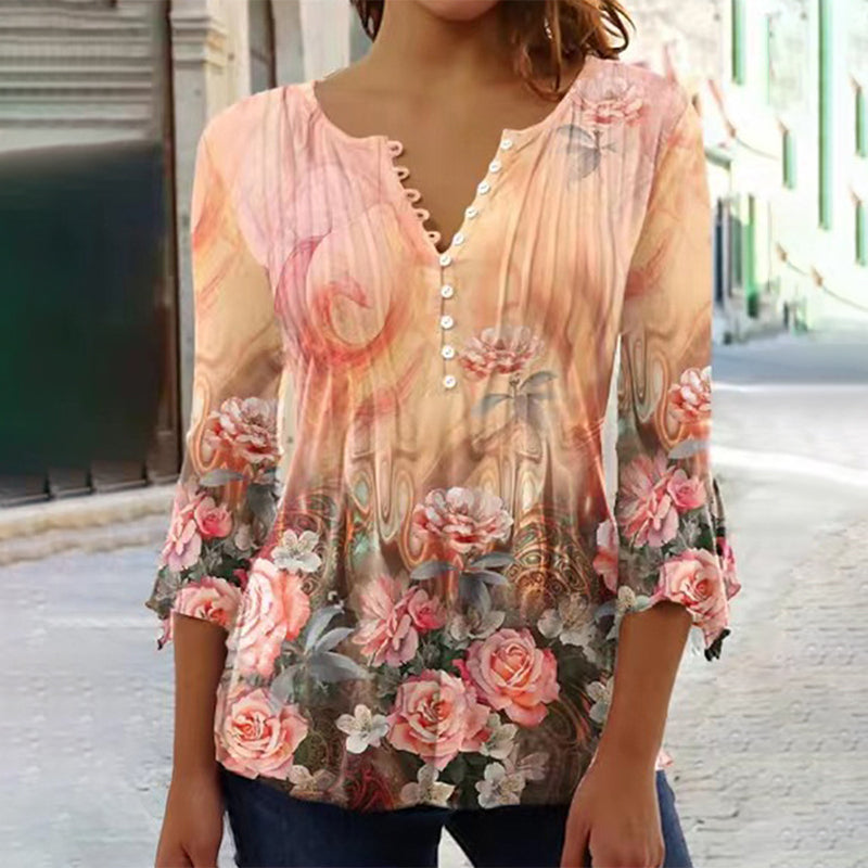 🔥【S-4XL】🌸 Virágmintás V-nyakú gombos felső, Tágas ujjakkal 👚