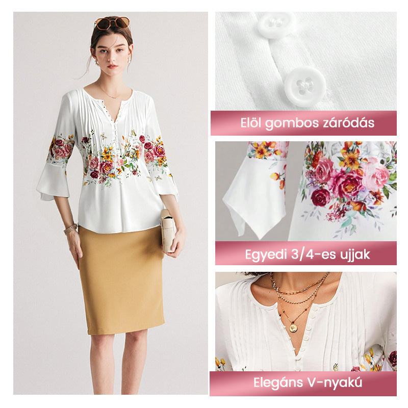 🔥【S-4XL】🌸 Virágmintás V-nyakú gombos felső, Tágas ujjakkal 👚