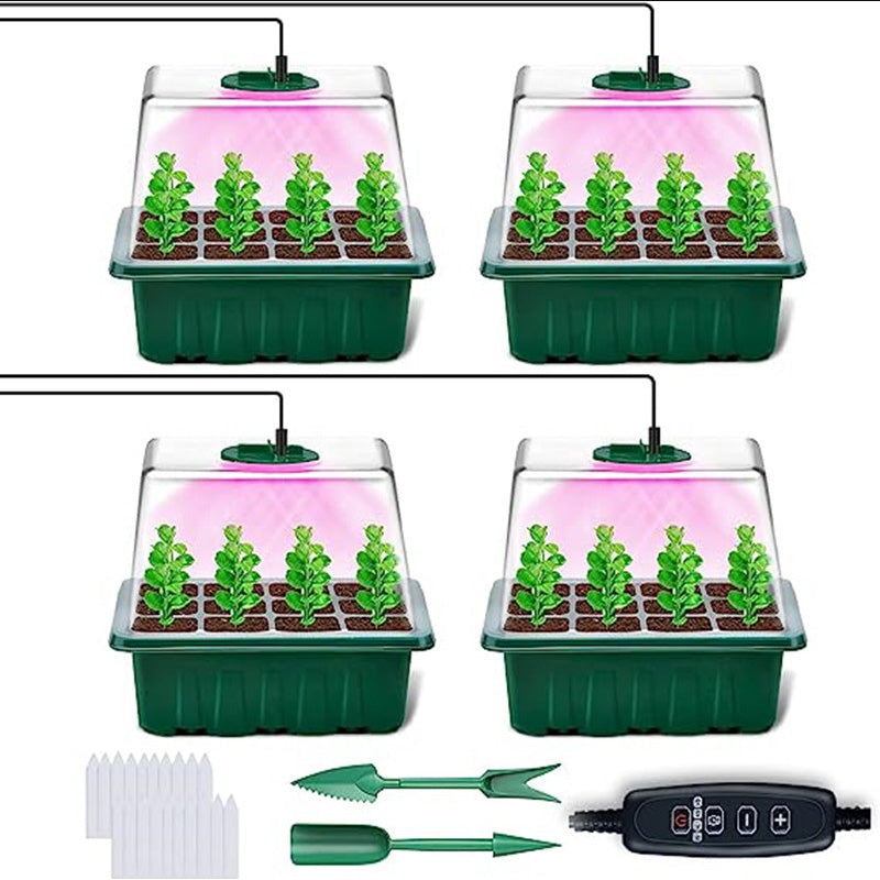 🌱 Csíráztató tálcák növényvilágító lámpával – Páratartalom-szabályozás, átlátszó kialakítás & teljes spektrumú fény 💡