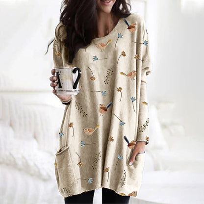 Loose Printed Long Sleeve Midi Dress