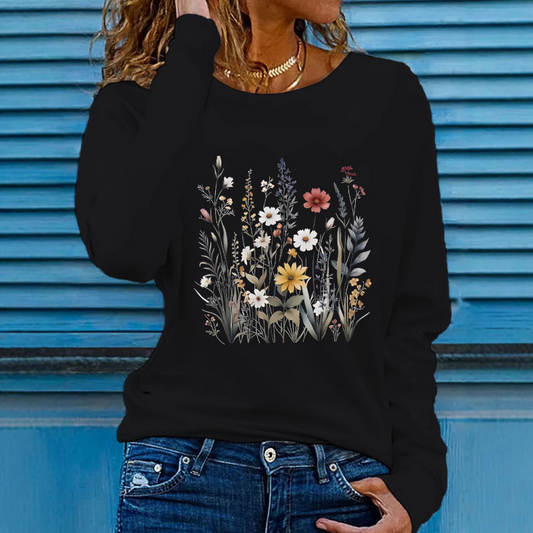 Women’s Floral Printed Round-Neck Long-Sleeve Tops