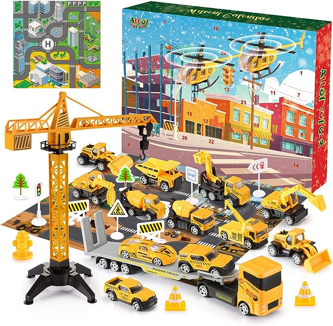 🎁 Adventi fém építőipari járműkészlet – 24 meglepetés 🚜🎄
