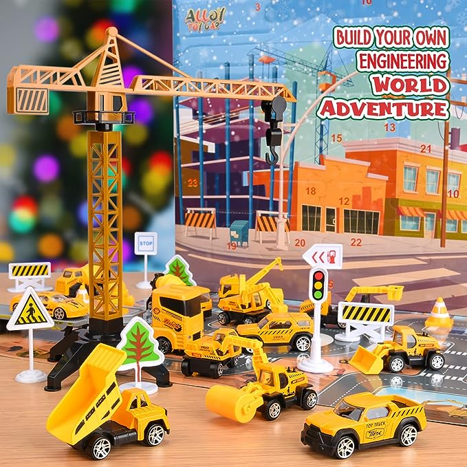 🎁 Adventi fém építőipari járműkészlet – 24 meglepetés 🚜🎄