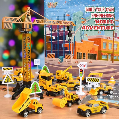 🎁 Adventi fém építőipari járműkészlet – 24 meglepetés 🚜🎄