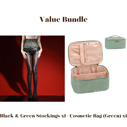 Value Bundle: 8D Oil-Sheen Rose Lace Stockings + Cosmetic Bag