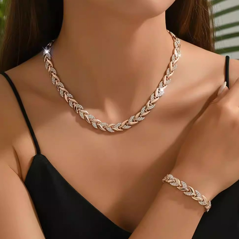 🍃 Levélmintás ékszerszett – Nyaklánc + Karkötő | Természetes elegancia, mindennapi viseletre ✨