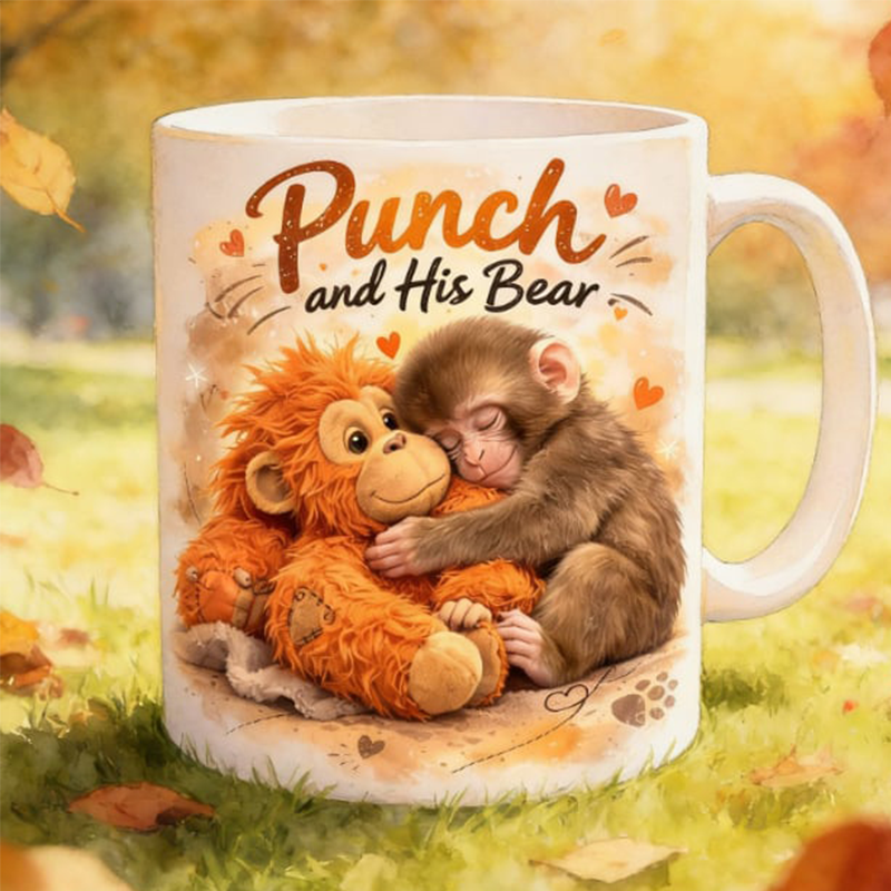 ☕🐒„Punch és a medve” aranyos majom kerámia bögre