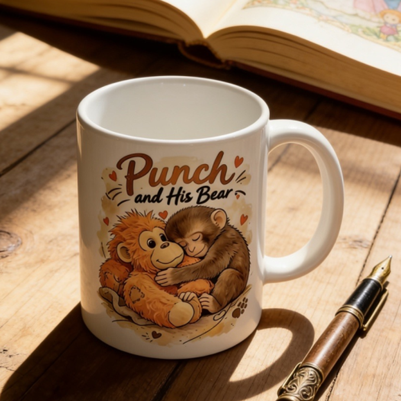☕🐒„Punch és a medve” aranyos majom kerámia bögre