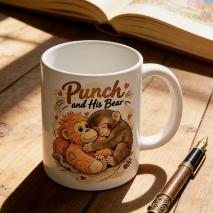 ☕🐒„Punch és a medve” aranyos majom kerámia bögre