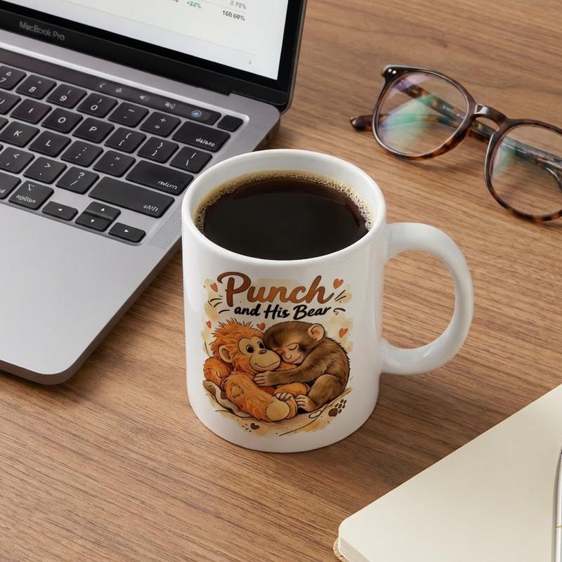 ☕🐒„Punch és a medve” aranyos majom kerámia bögre