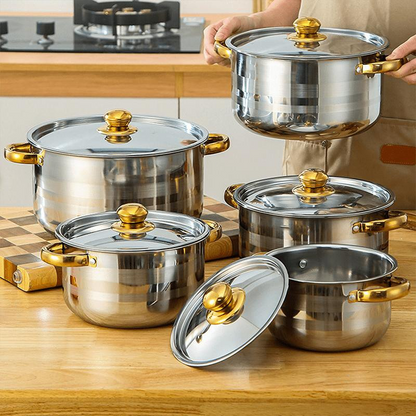 🍳 5 darabos rozsdamentes acél edénykészlet üvegfedéllel – tartós, egyenletes hőeloszlás és elegáns kialakítás ✨