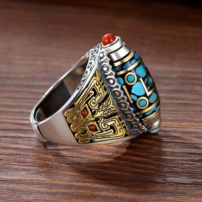💍Türkizkék, hat karakterből álló mantrával ellátott, kilencszemű dzi gyöngyös gyűrű