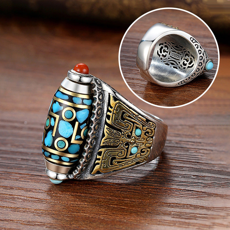 💍Türkizkék, hat karakterből álló mantrával ellátott, kilencszemű dzi gyöngyös gyűrű