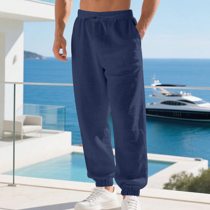 👖🌿Férfi szabadidőruha, len-keverék anyagból, húzózsinórral