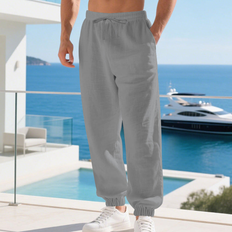 👖🌿Férfi szabadidőruha, len-keverék anyagból, húzózsinórral