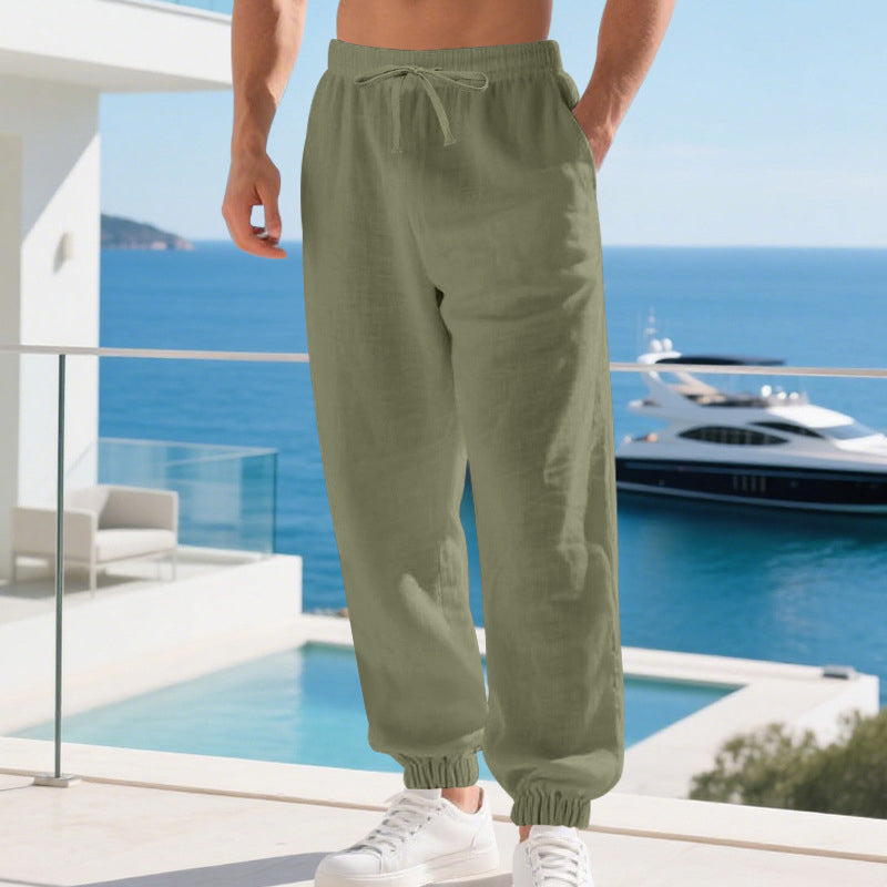 👖🌿Férfi szabadidőruha, len-keverék anyagból, húzózsinórral